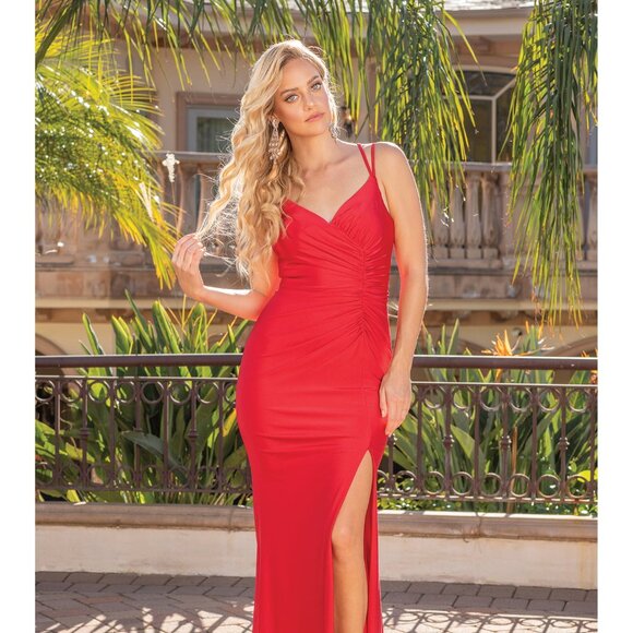 New Sheath Ruched Solid Bridesmaid Dress w/ Lace Up Back & Leg Slit DQ 4283 - Picture 7 of 9